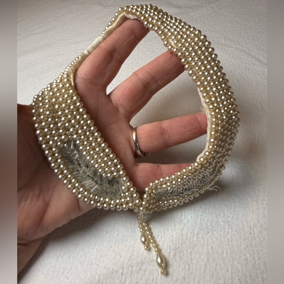 VTG Faux pearl collar necklace bugle bead leaf pattern satin back wedding formal - Picture 4 of 11